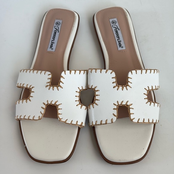 Forever Link white with tan H stitch slip on sandal beach sandal flat sandal - Picture 1 of 15